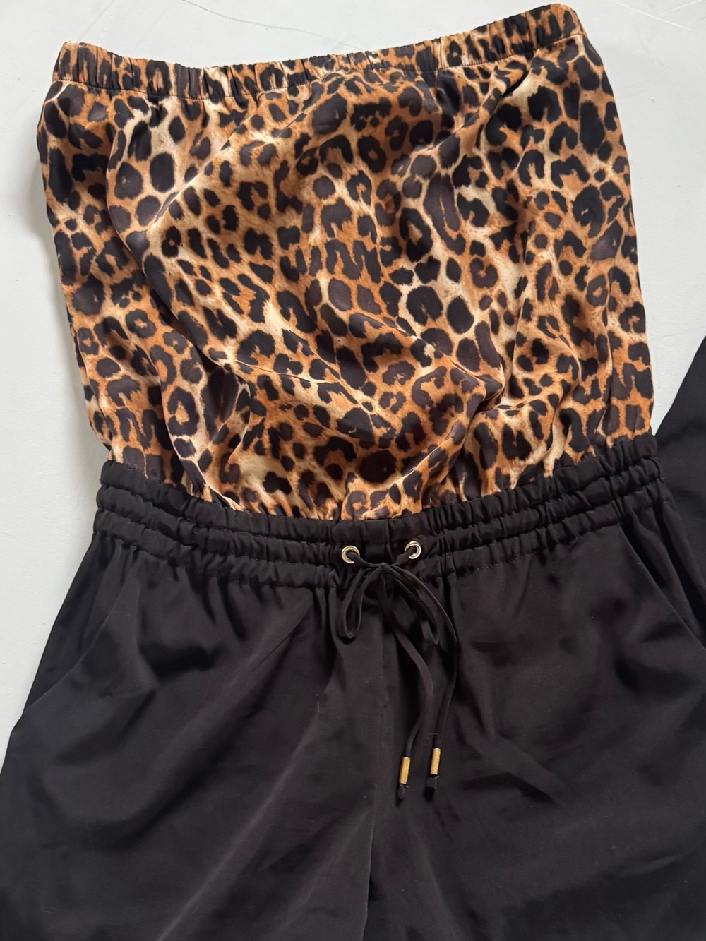 Express Leopard Print Strapless Romper in Black and Tan